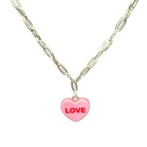 Conversation Hearts Love Pink Heart Charm Necklace Dainty Minimal Silver Chain